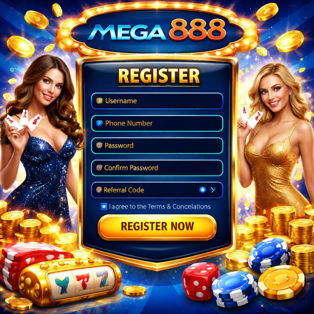MEGA888 account access page for an online gaming platform with slots table games and live casino